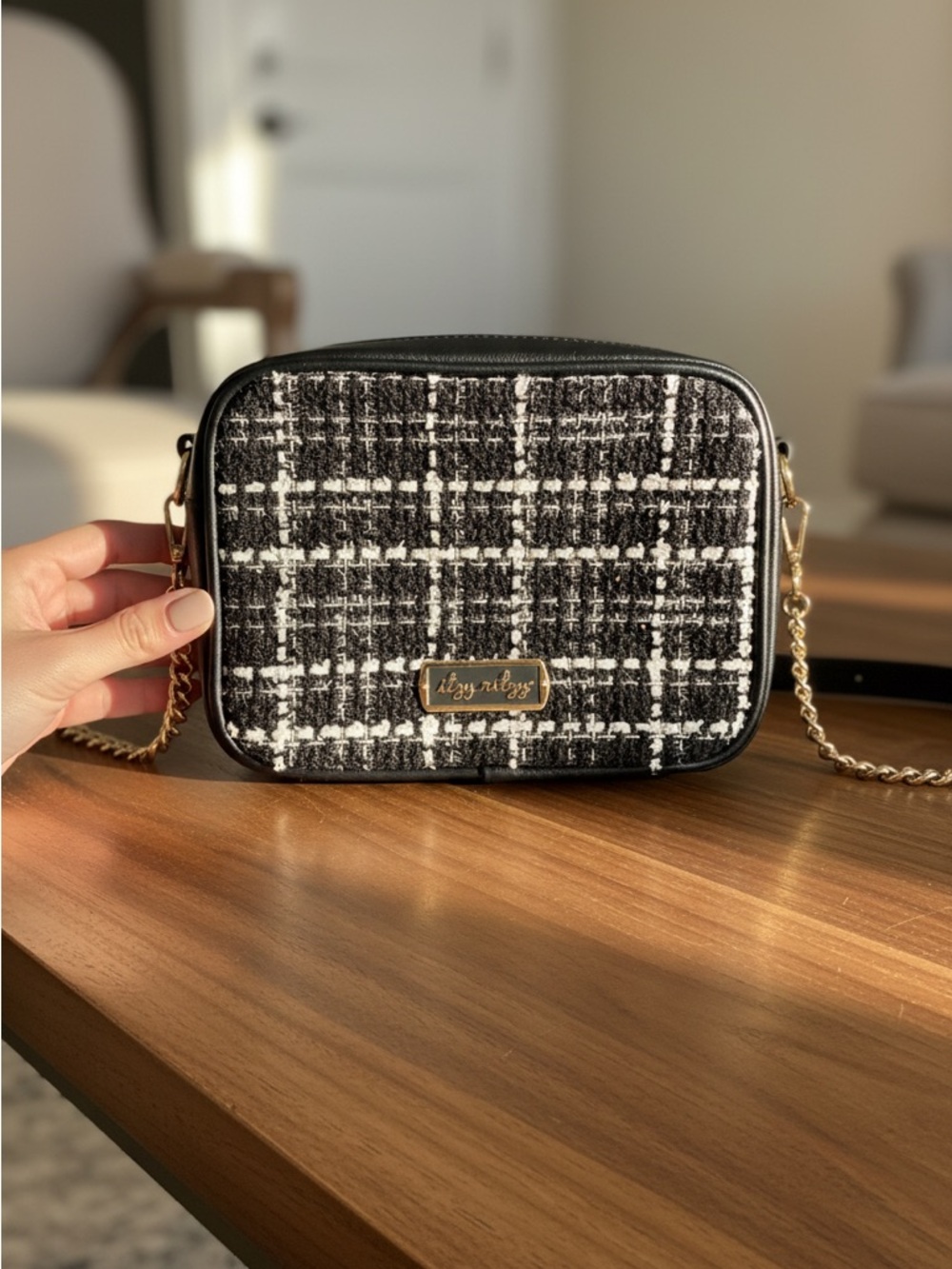 ITZY RITZY Black & White Tweed Crossbody Bag